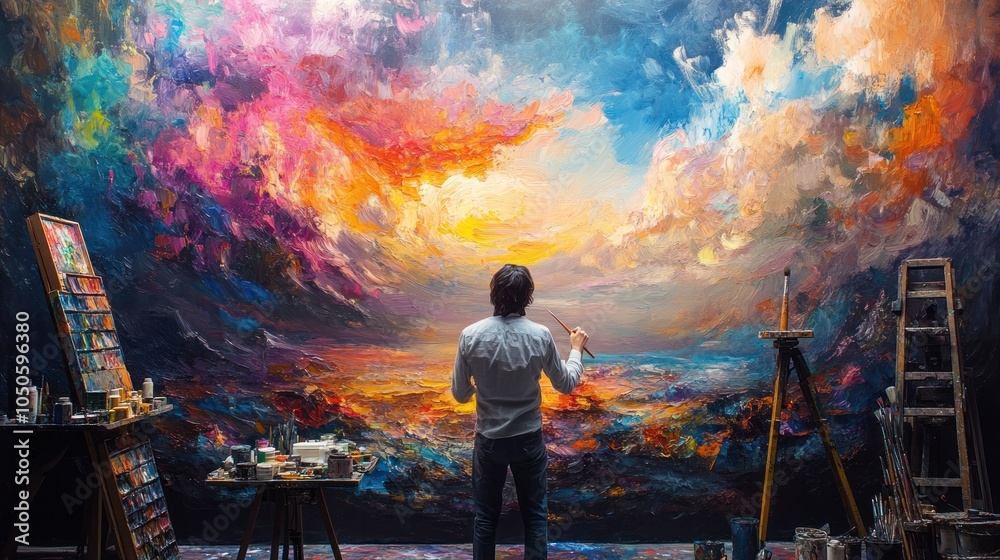An artist paints a vibrant landscape with a palette knife, creating a stunning piece of abstract art. An artist paints a vibrant landscape with a palette knife, creating a stunning piece of abstract art.