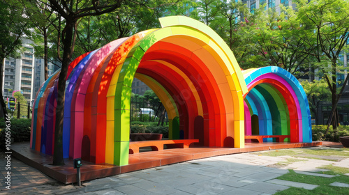 Colorful Rainbow Arch Installation in Urban Park Surrounded by Lush Greenery and Modern Buildings on a Sunny Day