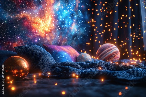 A charming set of doodle spaceships exploring a vibrant galaxy, surrounded by cartoon-style planets and cosmic elements