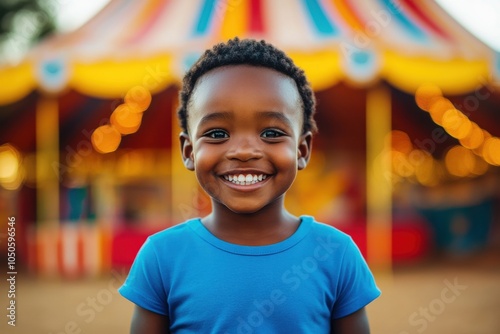 A joyful child smiles brightly in front of a colorful carnival tent, capturing the excitement of a fun day at the fair with cheerful lights in the background