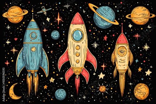 A charming set of doodle spaceships exploring a vibrant galaxy, surrounded by cartoon-style planets and cosmic elements