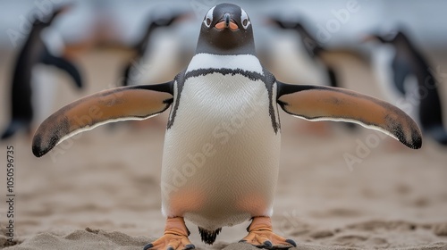  black-footed penguin, also known as jackass penguin, on the sand.  photo