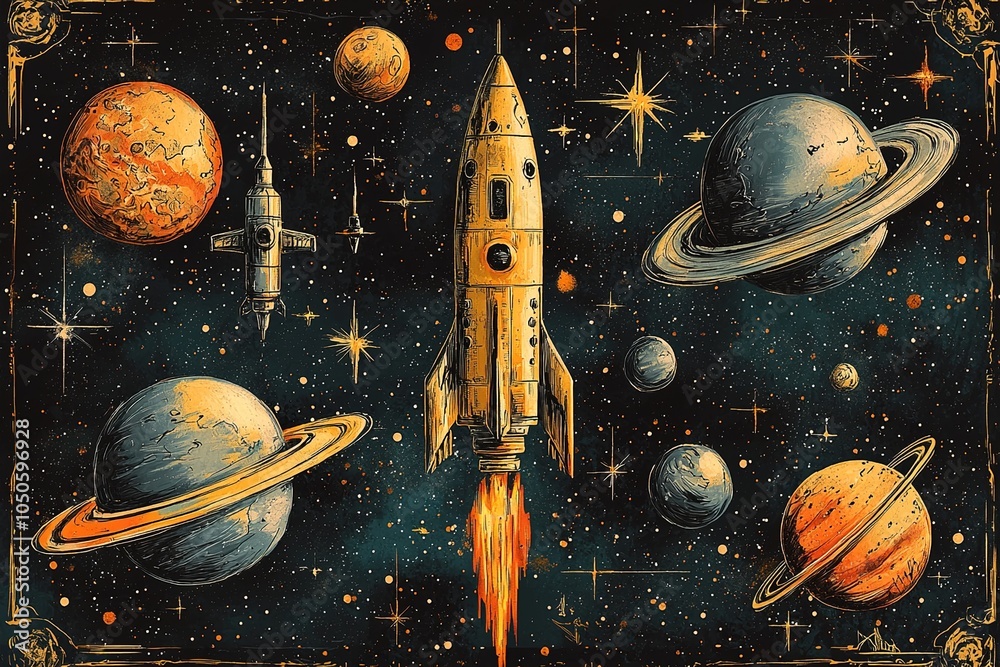 A colorful and fun outer space scene filled with whimsical doodles of spaceships, planets, and colorful stars