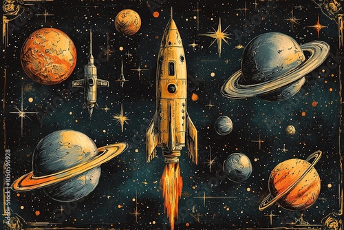Obraz na płótnie A colorful and fun outer space scene filled with whimsical doodles of spaceships, planets, and colorful stars w salonie