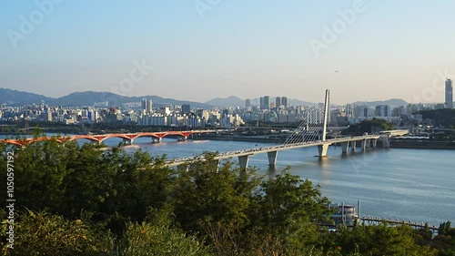 Sunset View of Hangang River with Bridge, Korea, peaceful