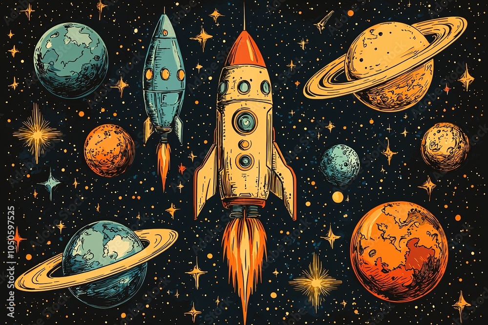 An imaginative illustration of outer space, showcasing adorable doodle-style spaceships and smiling planets with unique designs