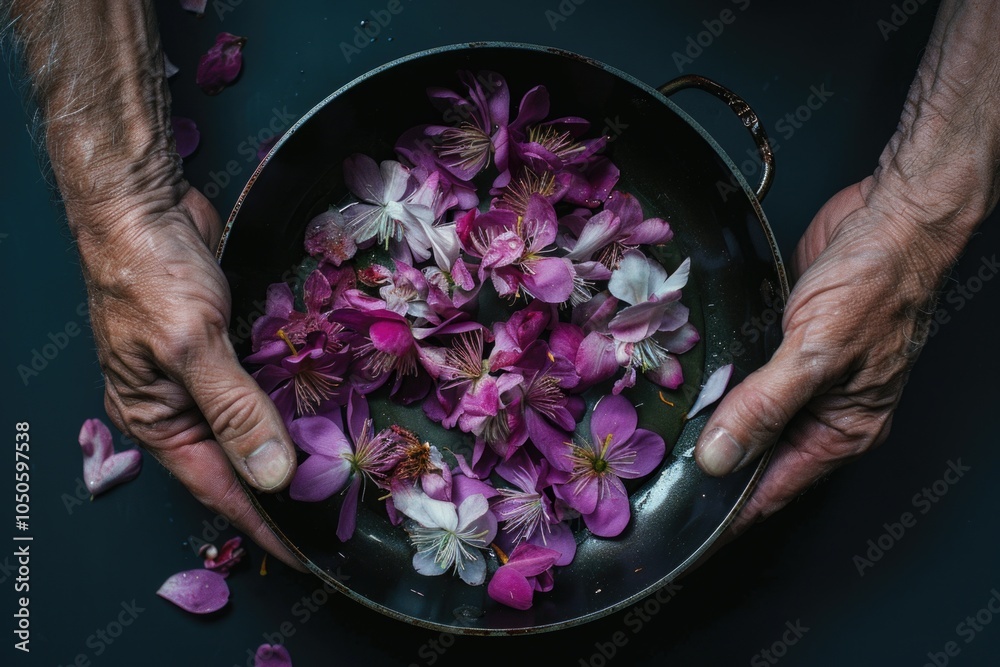 Obraz premium A person holding a pan filled with vibrant purple flowers, perfect for springtime or Easter-themed projects