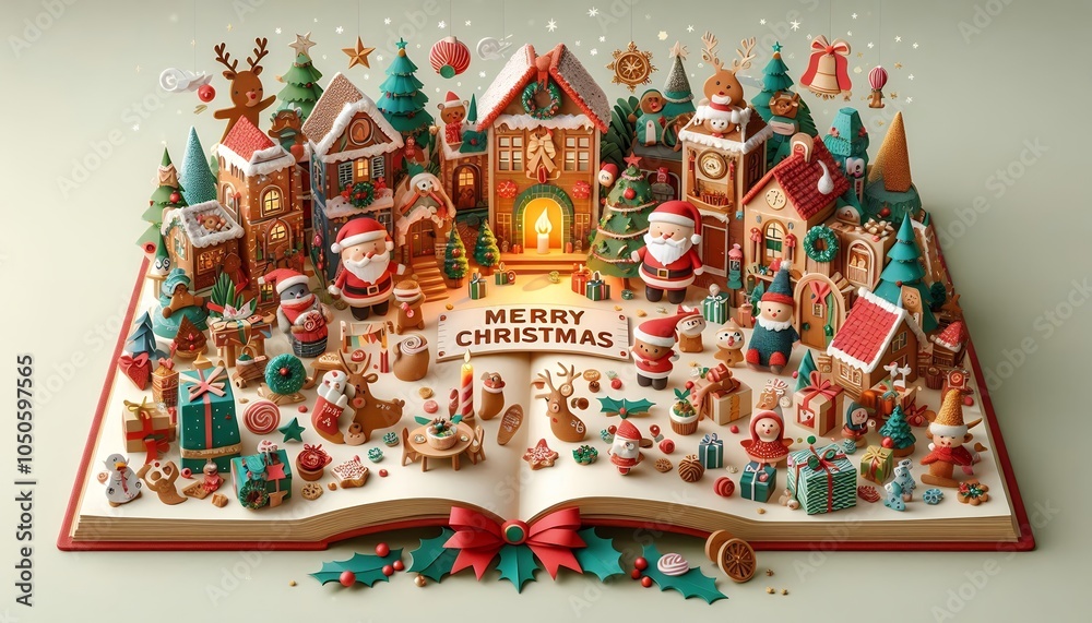 Naklejka premium Christmas card : story book with Santa Claus, Christmas trees, snowman, reindeers, bells, stockings, ornaments, snowflakes, snowy village, gifts,