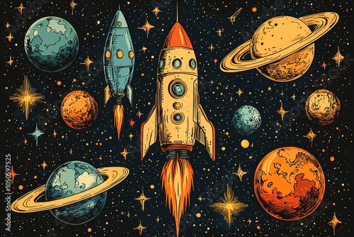 Obraz na płótnie An imaginative illustration of outer space, showcasing adorable doodle-style spaceships and smiling planets with unique designs w salonie