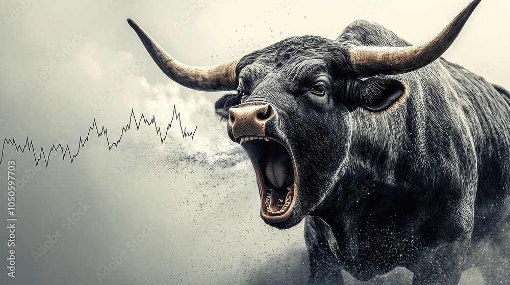 bull roaring, with a stock market graph emerging from its mouth, isolated on a simple background bull roaring, with a stock market graph emerging from its mouth, isolated on a simple background