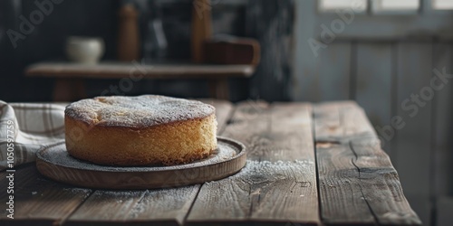 A single-tiered cake placed on a wooden table, ready for serving or display photo