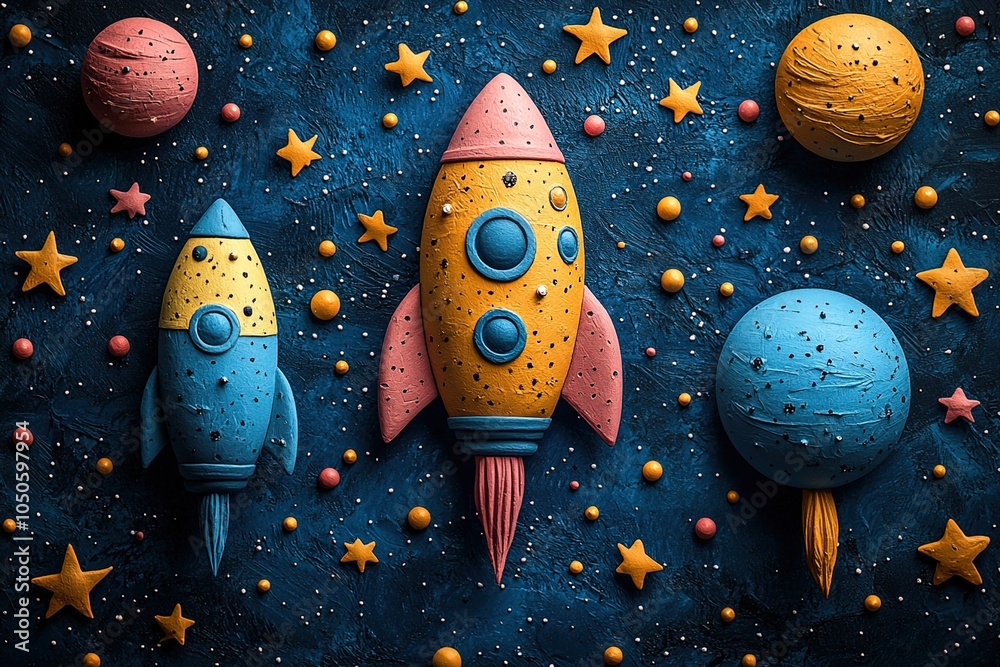 A delightful outer space set featuring hand-drawn doodles of planets and cheerful spaceships amidst twinkling stars