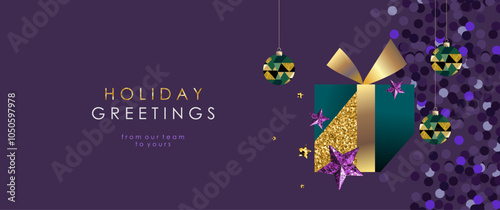 Merry Christmas and Happy New Year 2025. Elegant holiday greeting card with deep purple background, gold gift box, decorative ornaments and twinkling stars, perfect for corporate holiday messages.