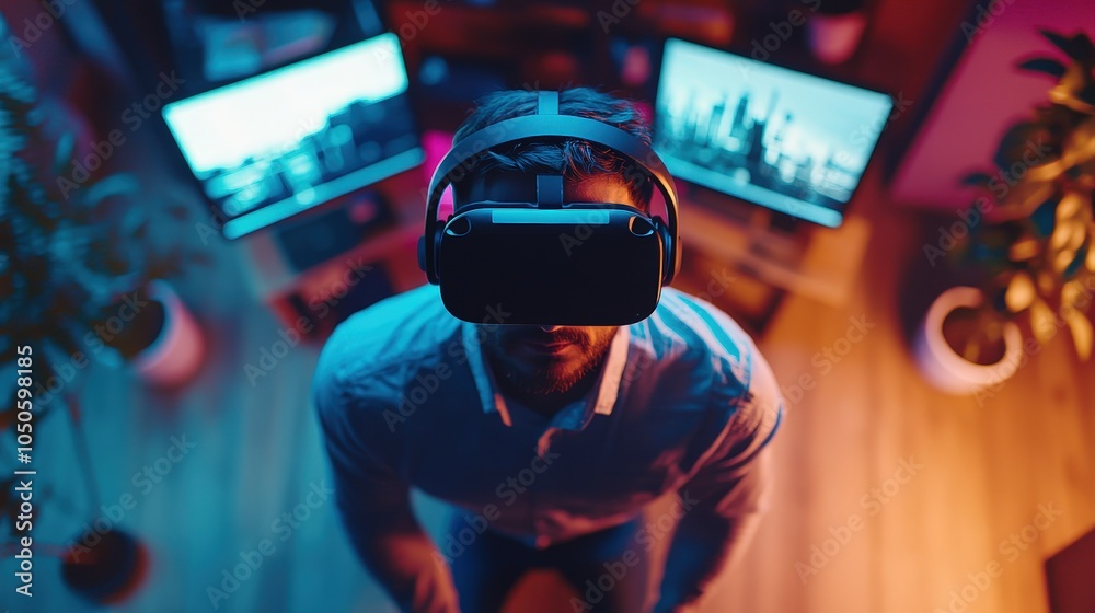 Employee Using VR Headset in Innovative Tech Environment Employee Using VR Headset in Innovative Tech Environment