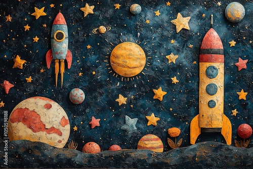 A delightful outer space set featuring hand-drawn doodles of planets and cheerful spaceships amidst twinkling stars
