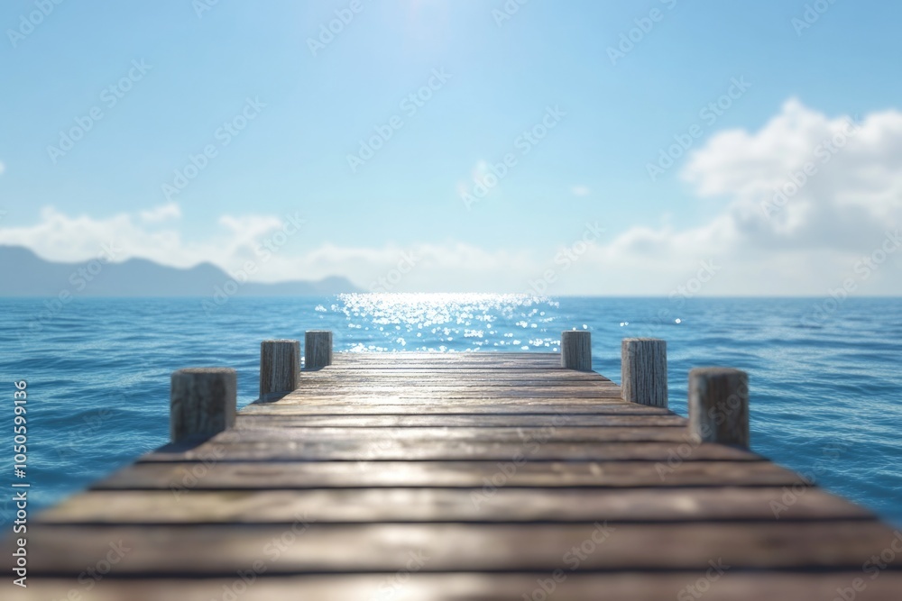 Fototapeta premium A long wooden pier extends into the ocean, with waves crashing against its end