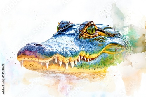 A beautiful watercolor painting of an alligator's head, great for decorative purposes or as a unique illustration