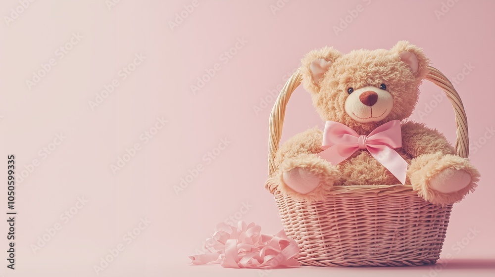 Teddy bear with a pink bow in a basket with a pastel pink background