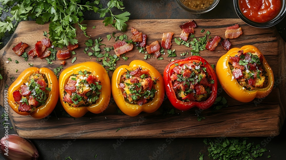Fototapeta premium A creative flat lay of stuffed mini bell peppers, arranged on a wooden board with small bowls of dipping sauces, herbs, and bacon bits scattered around,