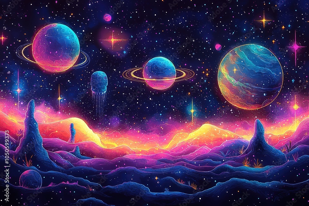A whimsical collection of doodle-style spaceships and colorful planets, creating an enchanting outer space scene