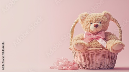 Obraz na płótnie Teddy bear with a pink bow in a basket with a pastel pink background w salonie