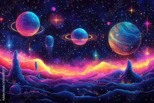Obraz na płótnie A whimsical collection of doodle-style spaceships and colorful planets, creating an enchanting outer space scene w salonie