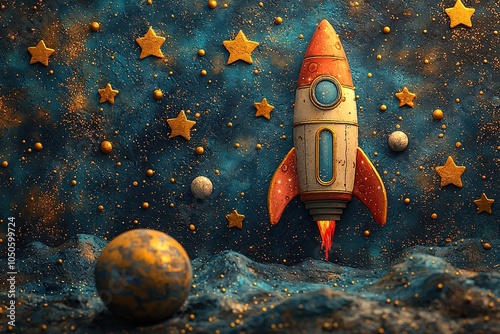 Obraz na płótnie A whimsical collection of doodle-style spaceships and colorful planets, creating an enchanting outer space scene w salonie