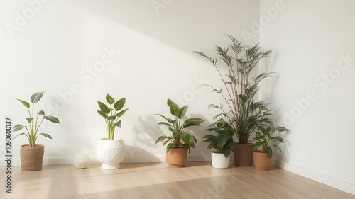 Five potted plants line a white wall, bathed in sunlight.