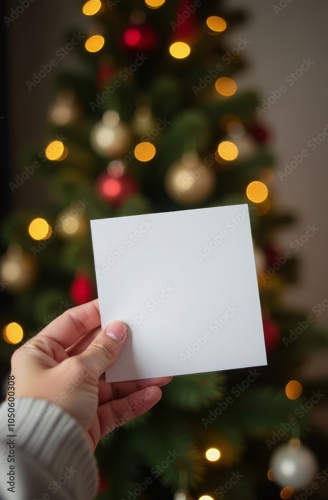 Blank card held in hand with festive christmas tree background Blank card held in hand with festive christmas tree background