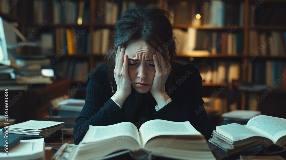 Struggling student overwhelmed by academic pressure in a library setting Struggling student overwhelmed by academic pressure in a library setting