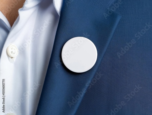 Close-up of a blank round pin button attached to a navy blue suit lapel, ready for branding or logo placement, pin button mockup, corporate style
