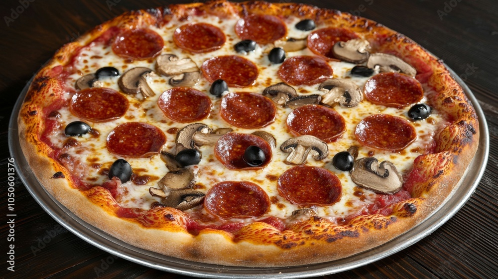 Delicious Pepperoni Pizza with Mushrooms and Olives Delicious Pepperoni Pizza with Mushrooms and Olives
