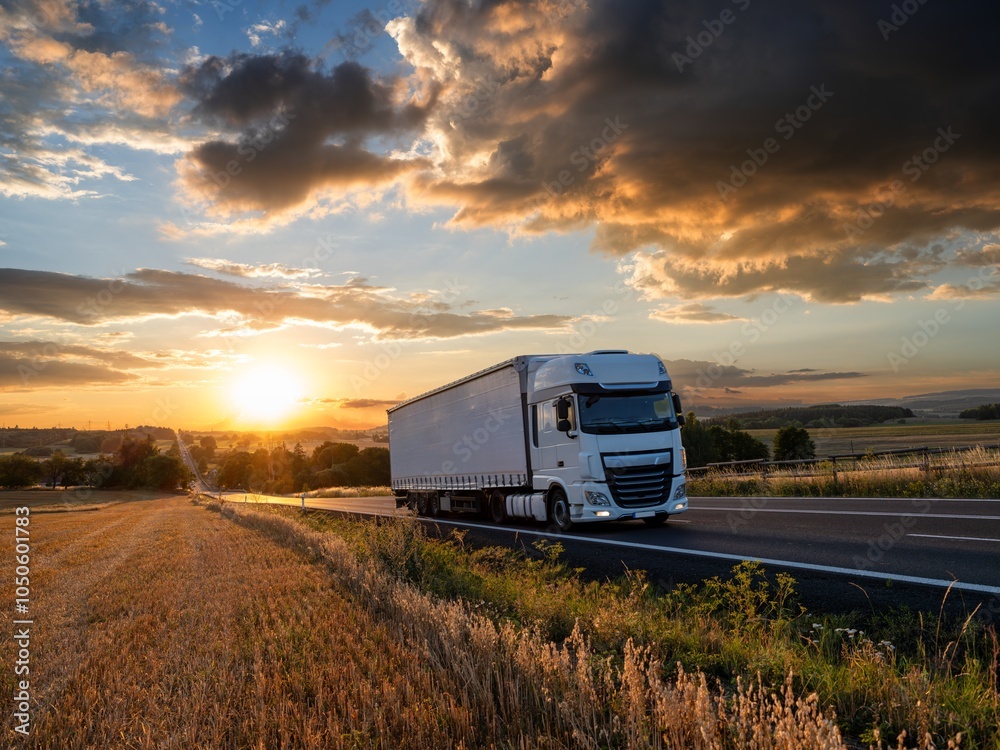 White truck driving on the asphalt road in rural landscape at a dramatic sunset