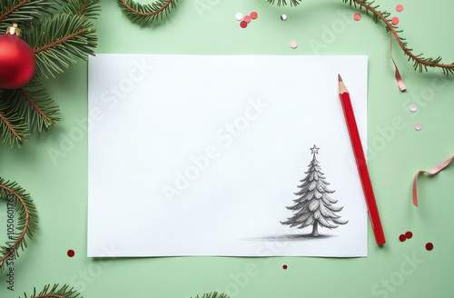 Mockup for text. Fir branches and confetti around a white sheet of paper with a Christmas tree drawn on it.