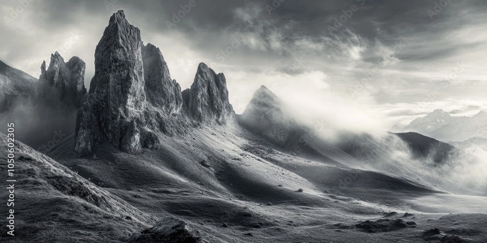 Fototapeta premium A picture of a mountain range taken in black and white