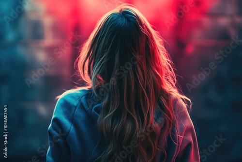 A woman stands in front of a brick wall, looking straight ahead