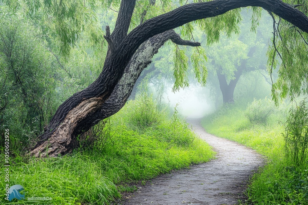 Naklejka premium A serene and peaceful forest path surrounded by lush green trees