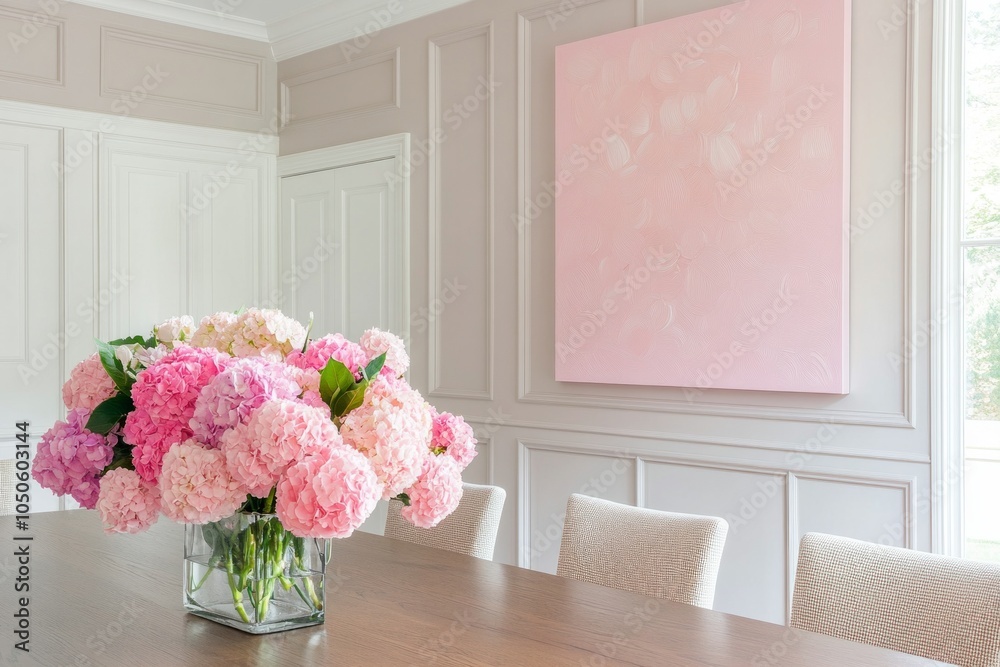 Elegant dining room featuring a wooden table with pink and beige accents against cool gray walls Elegant dining room featuring a wooden table with pink and beige accents against cool gray walls
