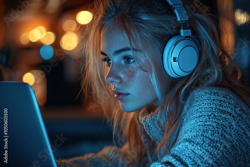 Teenage girl with a cheerful expression, wearing wireless headphones and participating in a virtual classroom setting photo