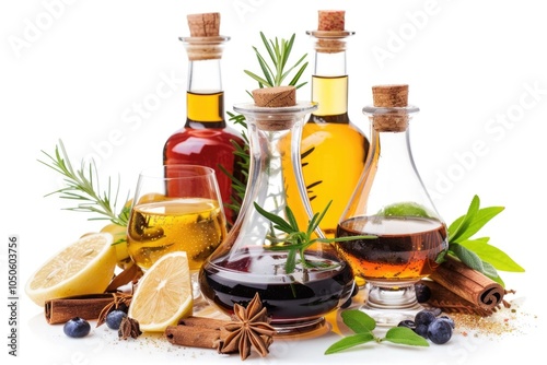 A selection of diverse oils and spices arranged on a table