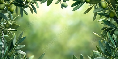 Green olive branches frame a soft blurred background. This image evokes a fresh and natural feel, perfect for wellness or culinary themes. Ideal for food or nature-related projects. AI
