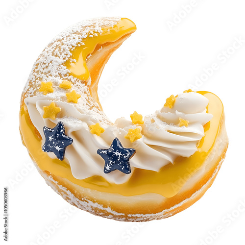 A whimsical crescent moon-shaped dessert, adorned with cream, stars, and a dusting of powdered sugar, set against a contrasting black background. photo