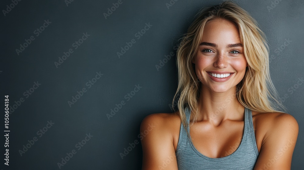 Fototapeta premium A young woman with a radiant smile poses confidently against a neutral backdrop, showcasing her enthusiasm and positivity during a bright, sunny day