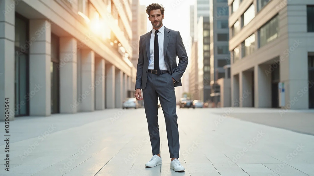 Stylish man in white shoes on city street, 16:9 widescreen, 300 dpi, with free space for text Stylish man in white shoes on city street, 16:9 widescreen, 300 dpi, with free space for text