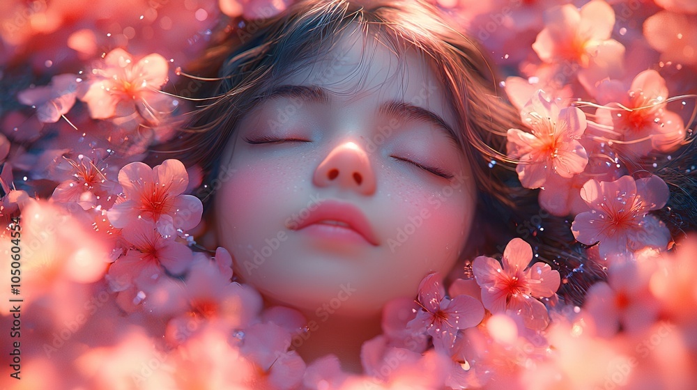 A colorful cartoon scene depicting a dreaming girl lying on a bed of clouds, with vibrant flowers and butterflies around her