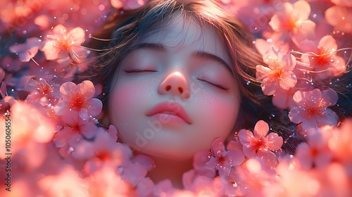 Obraz na płótnie A colorful cartoon scene depicting a dreaming girl lying on a bed of clouds, with vibrant flowers and butterflies around her w salonie