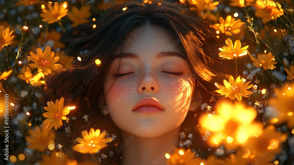 A whimsical cartoon-style background featuring a young girl with dreamy eyes, surrounded by floating stars and clouds