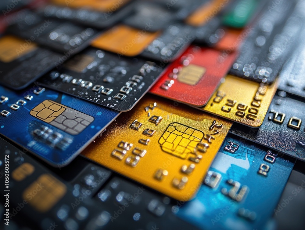 Close-up of colorful credit cards with chips, AI generated Close-up of colorful credit cards with chips, AI generated