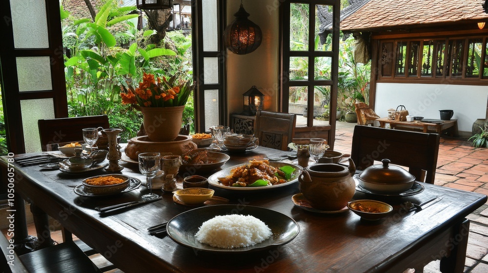 Fototapeta premium Traditional Dining Table with Asian Cuisine Displayed