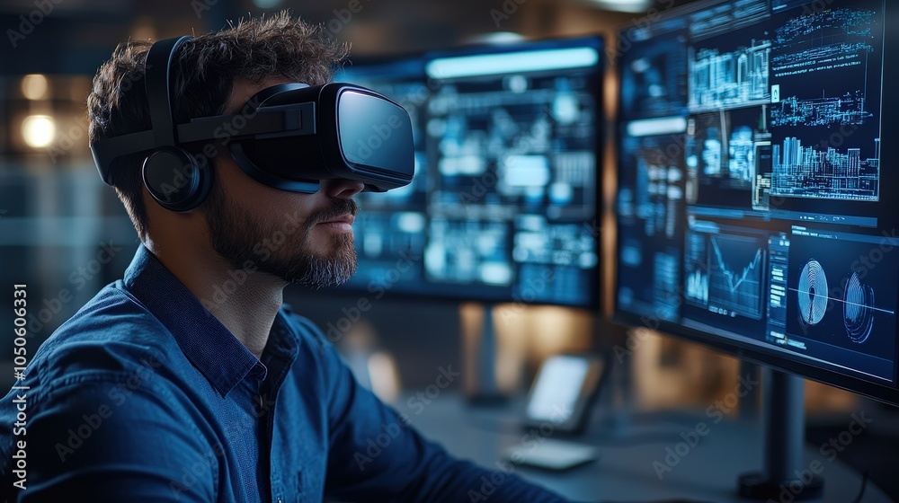Innovative Employee Using VR Headset in Tech Environment Innovative Employee Using VR Headset in Tech Environment